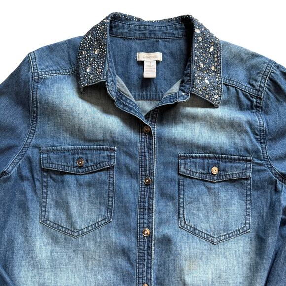 Chicos Rhinestone Collar Denim Chambray Button Up Shirt Long Sleeve Size 1 - Picture 2 of 11